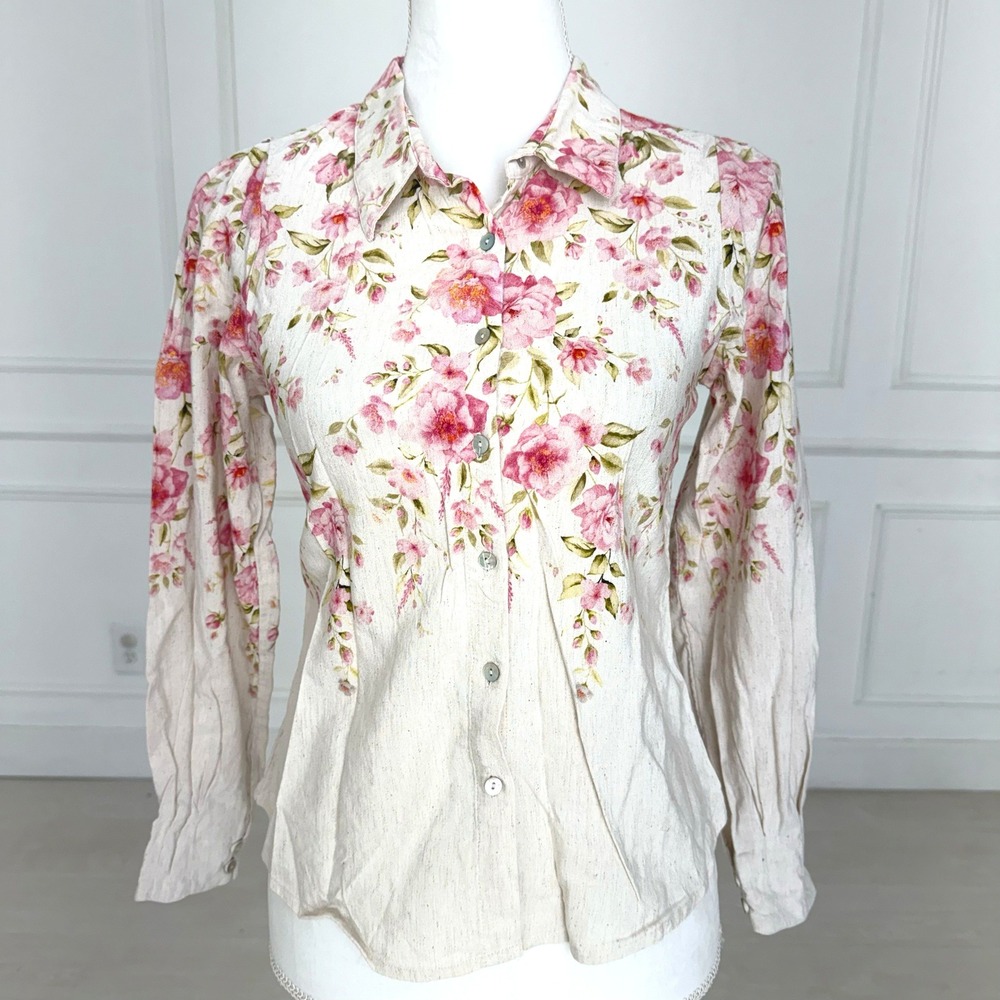 CODE Women Oatmeal Pink Floral Linen Blend Button Down Shirt Size 10 Long Sleeve